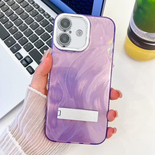 For iPhone 16 Plus Plating Glitter Texture Fold Holder TPU Phone Case with Lens Film(Purple Feather Yarn) - iPhone 16 Plus Cases by buy2fix | Online Shopping UK | buy2fix