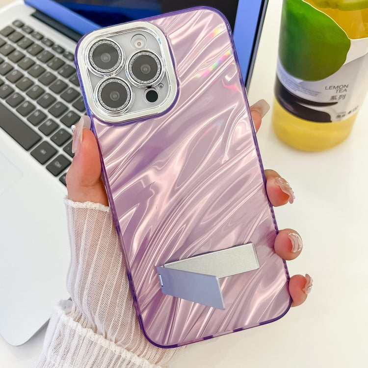 For iPhone 16 Plating Glitter Texture Fold Holder TPU Phone Case with Lens Film(Purple Feather Yarn) - iPhone 16 Cases by buy2fix | Online Shopping UK | buy2fix