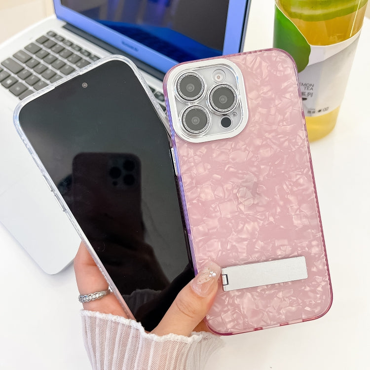 For iPhone 16 Plus Plating Glitter Texture Fold Holder TPU Phone Case with Lens Film(White Feathers) - iPhone 16 Plus Cases by buy2fix | Online Shopping UK | buy2fix