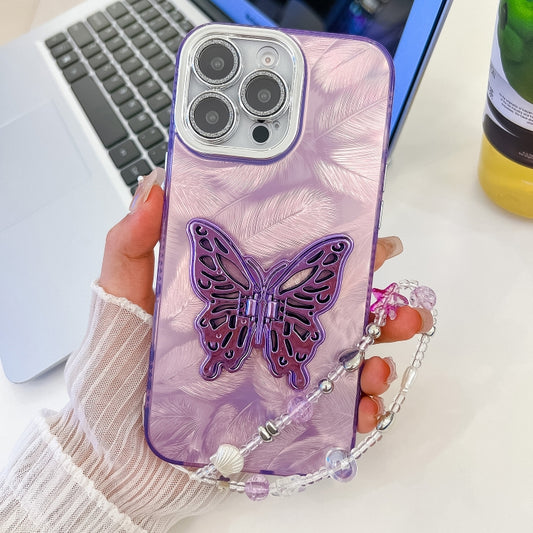 For iPhone 16 Pro Max Plating Glitter Lens Film Texture Butterfly Holder Wristband Phone Case(Purple Feathers) - iPhone 16 Pro Max Cases by buy2fix | Online Shopping UK | buy2fix