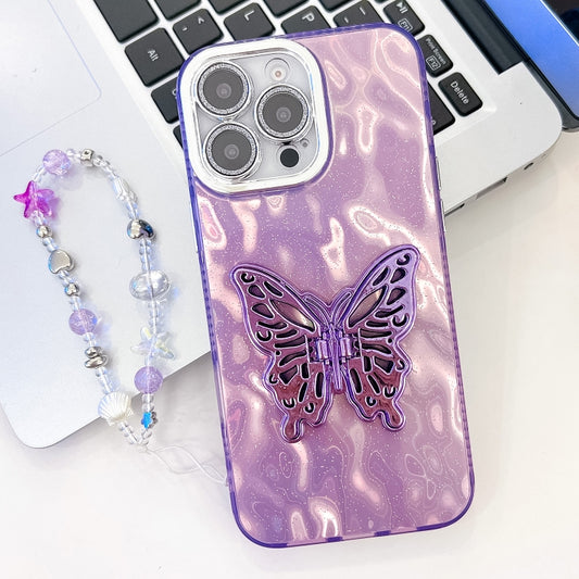 For iPhone 16 Pro Max Plating Glitter Lens Film Texture Butterfly Holder Wristband Phone Case(Purple Wrinkles) - iPhone 16 Pro Max Cases by buy2fix | Online Shopping UK | buy2fix