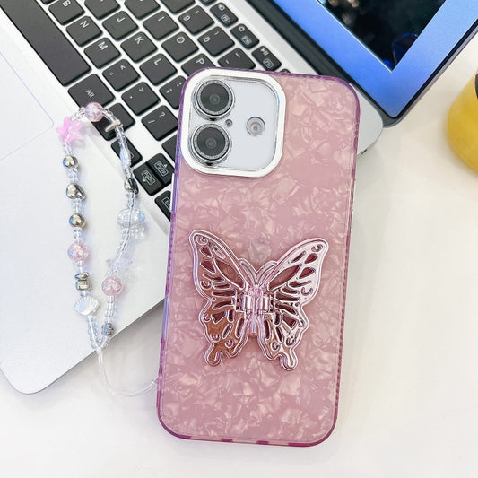 For iPhone 16 Plus Plating Glitter Lens Film Texture Butterfly Holder Wristband Phone Case(Pink Shell Pattern) - iPhone 16 Plus Cases by buy2fix | Online Shopping UK | buy2fix