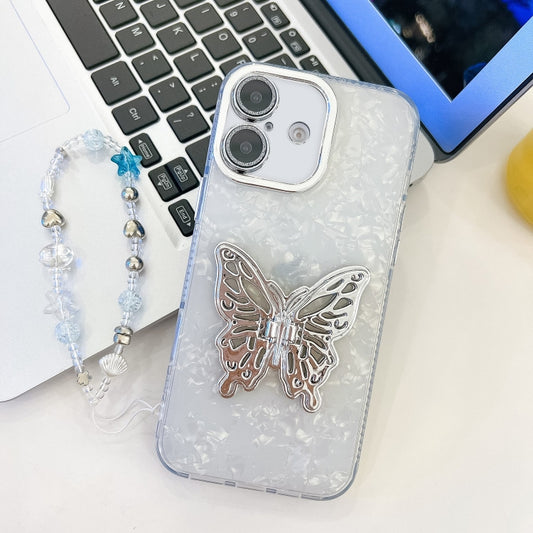 For iPhone 16 Plating Glitter Lens Film Texture Butterfly Holder Wristband Phone Case(White Shell Pattern) - iPhone 16 Cases by buy2fix | Online Shopping UK | buy2fix