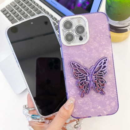 For iPhone 16 Plus Plating Glitter Lens Film Texture Butterfly Holder Wristband Phone Case(Pink Feathers) - iPhone 16 Plus Cases by buy2fix | Online Shopping UK | buy2fix