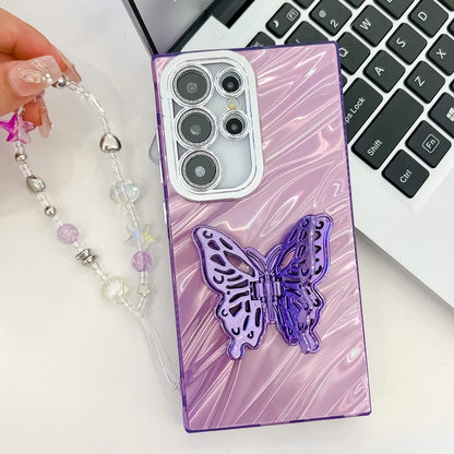 For Samsung Galaxy S25+ 5G Plating Glitter Lens Film Texture Butterfly Holder Wristband Phone Case(White Feathers) - Galaxy S25+ 5G Cases by buy2fix | Online Shopping UK | buy2fix