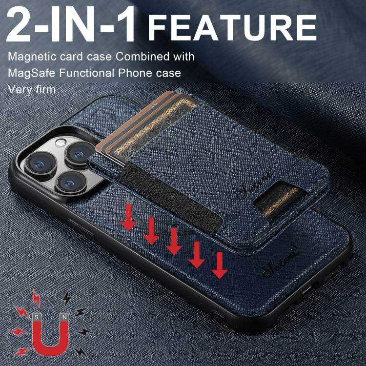 For iPhone 14 Pro Max Suteni H17 Cross Grain Leather MagSafe Detachable Wallet Phone Case(Blue) - iPhone 14 Pro Max Cases by Suteni | Online Shopping UK | buy2fix