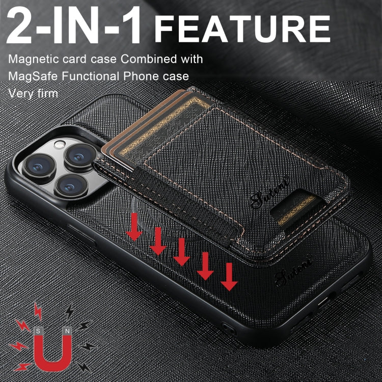 For iPhone 14 Plus Suteni H17 Cross Grain Leather MagSafe Detachable Wallet Phone Case(Black) - iPhone 14 Plus Cases by Suteni | Online Shopping UK | buy2fix