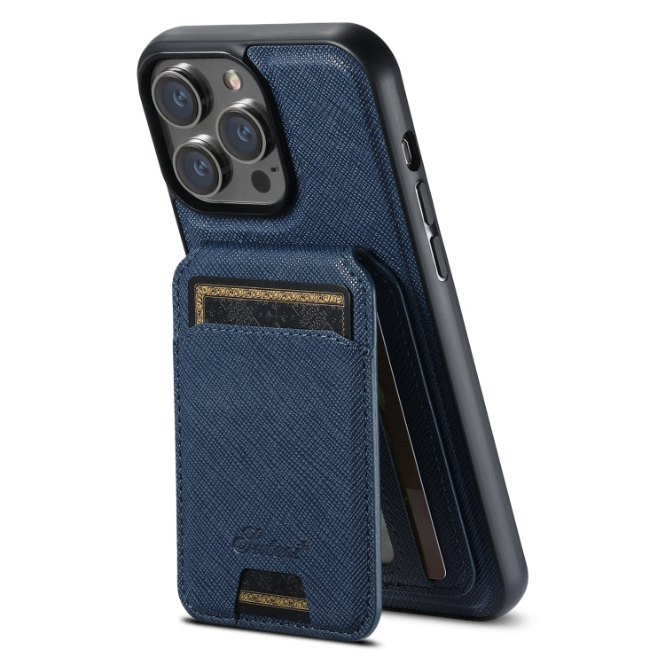 For iPhone 16 Pro Max Suteni H18 Cross Grain MagSafe Wallet Leather Phone Case(Blue) - iPhone 16 Pro Max Cases by Suteni | Online Shopping UK | buy2fix