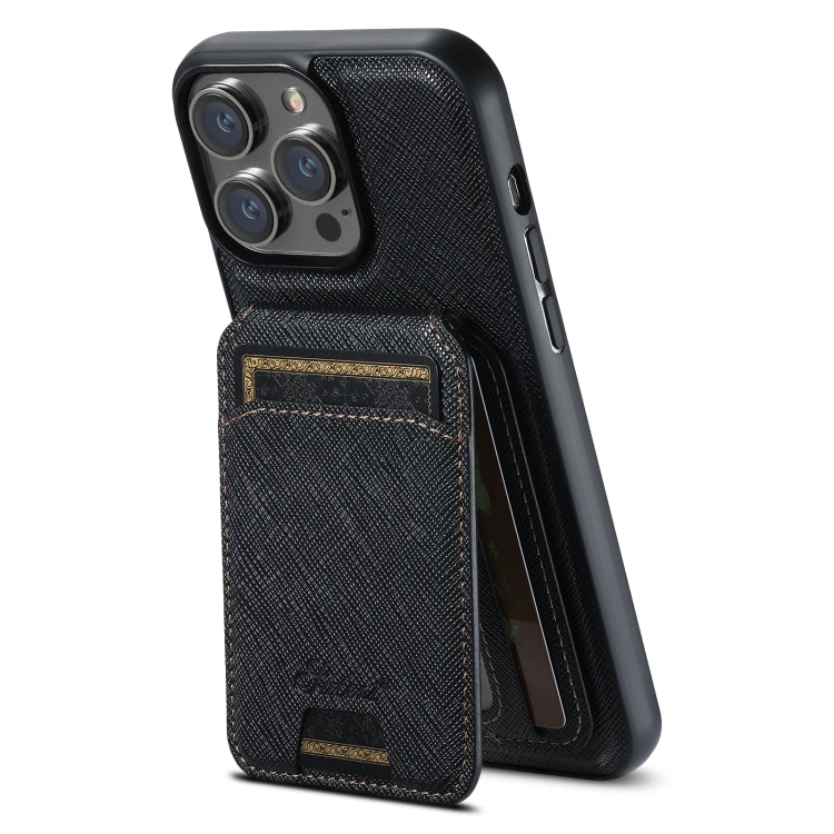 For iPhone 16 Pro Suteni H18 Cross Grain MagSafe Wallet Leather Phone Case(Black) - iPhone 16 Pro Cases by Suteni | Online Shopping UK | buy2fix