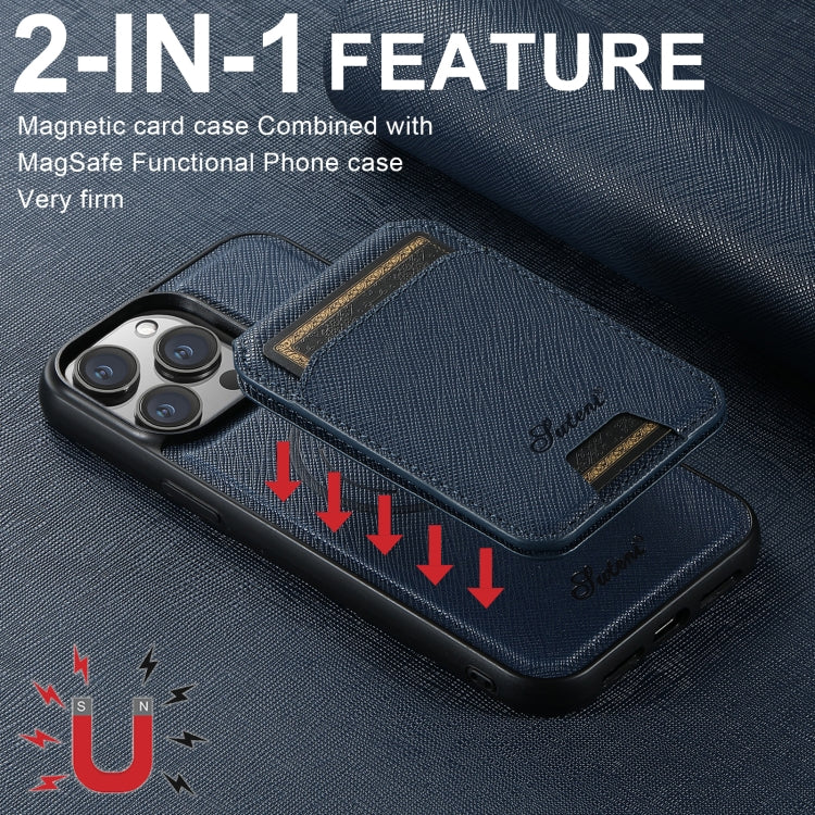 For iPhone 14 Pro Max Suteni H18 Cross Grain MagSafe Wallet Leather Phone Case(Blue) - iPhone 14 Pro Max Cases by Suteni | Online Shopping UK | buy2fix