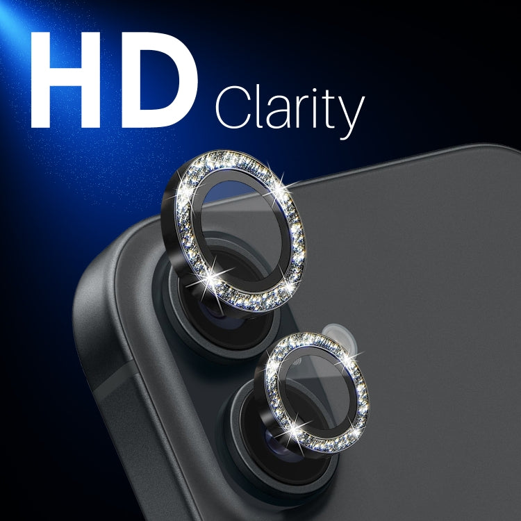 For iPhone 16 / 16 Plus NORTHJO Glitter Camera Lens Protector Tempered Glass Metal Ring Film(Black) - iPhone 16 Tempered Glass by NORTHJO | Online Shopping UK | buy2fix