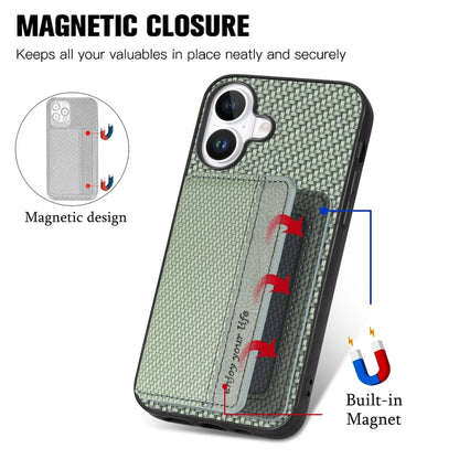 For iPhone 16 Plus Carbon Fiber Magnetic Card Wallet RFID Blocking Phone Case(Green) - iPhone 16 Plus Cases by buy2fix | Online Shopping UK | buy2fix