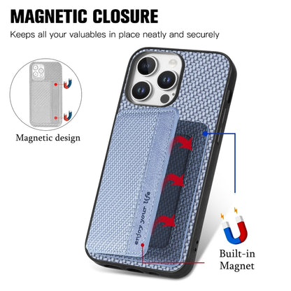 For iPhone 16 Pro Max Carbon Fiber Magnetic Card Wallet RFID Blocking Phone Case(Blue) - iPhone 16 Pro Max Cases by buy2fix | Online Shopping UK | buy2fix