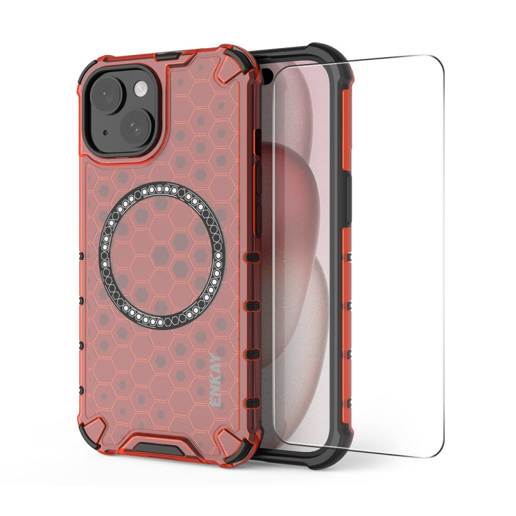 For iPhone 15 Plus ENKAY Hat-Prince Honeycomb MagSafe Shockproof Phone Case with Large Arc Edge Film(Red) - iPhone 15 Plus Cases by ENKAY | Online Shopping UK | buy2fix