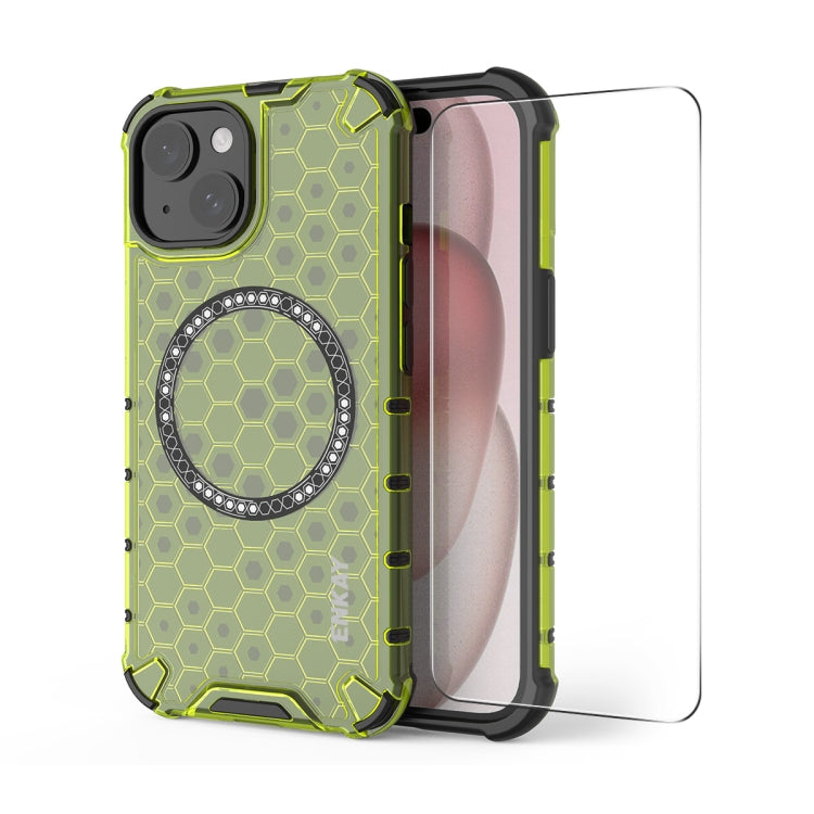 For iPhone 15 Plus ENKAY Hat-Prince Honeycomb MagSafe Shockproof Phone Case with Large Arc Edge Film(Green) - iPhone 15 Plus Cases by ENKAY | Online Shopping UK | buy2fix