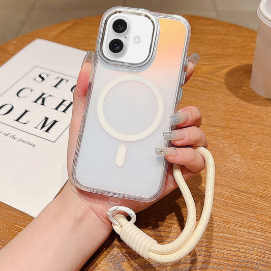 For iPhone 16 Bright Shadow  Magsafe Discoloration Phone Case with Wrist Strap(White) - iPhone 16 Cases by buy2fix | Online Shopping UK | buy2fix