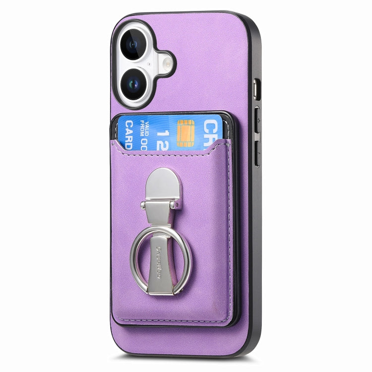 For iPhone 16 Retro Folding Ring Holder Card Bag MagSafe Phone Case(Purple) - iPhone 16 Cases by buy2fix | Online Shopping UK | buy2fix