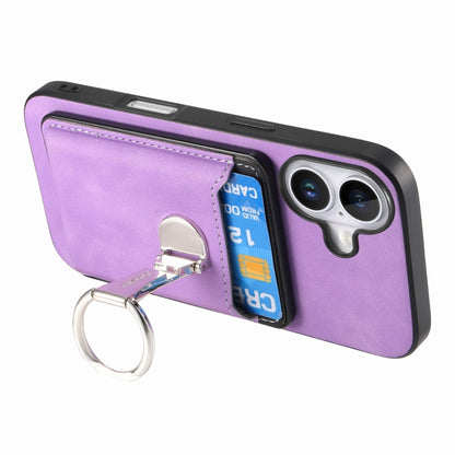 For iPhone 16 Retro Folding Ring Holder Card Bag MagSafe Phone Case(Purple) - iPhone 16 Cases by buy2fix | Online Shopping UK | buy2fix