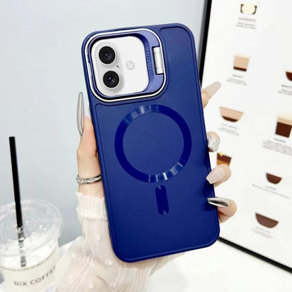 For iPhone 16 CD Texture Frosted MagSafe Lens Holder Phone Case(Blue) - iPhone 16 Cases by buy2fix | Online Shopping UK | buy2fix