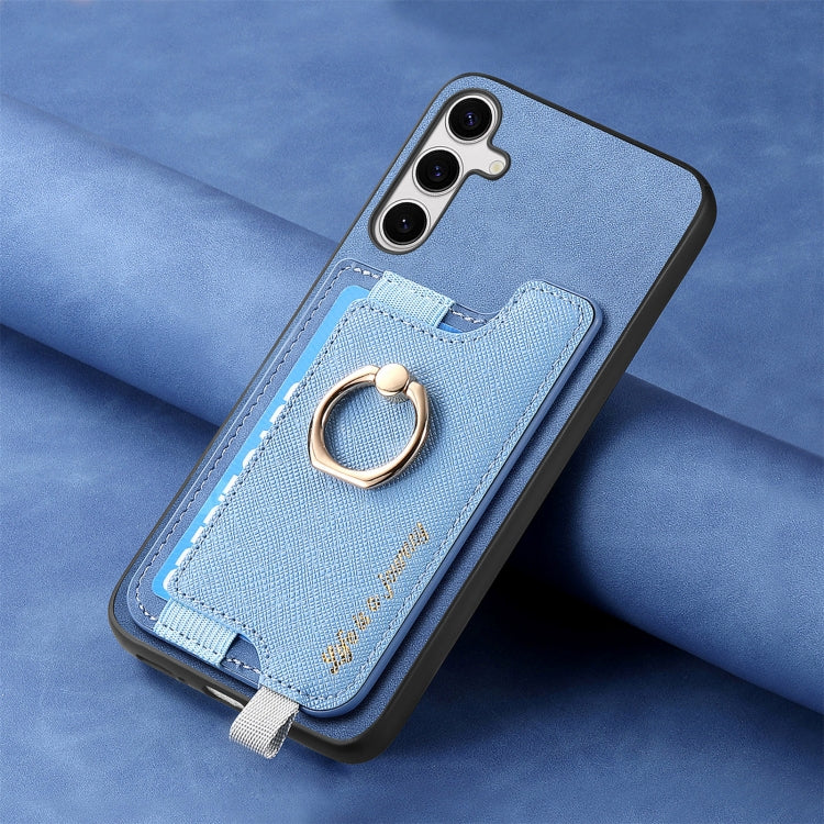 For Samsung Galaxy S25+ 5G Retro Cross Leather Ring Horizontal Insert Card Bag MagSafe Phone Case(Blue) - Galaxy S25+ 5G Cases by buy2fix | Online Shopping UK | buy2fix