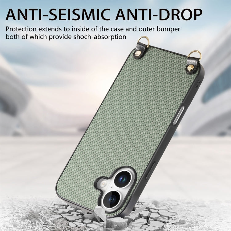 For iPhone 16 Carbon Fiber Texture Leather Back Phone Case with Crossbody Strap(Green) - iPhone 16 Cases by buy2fix | Online Shopping UK | buy2fix