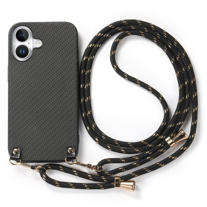 For iPhone 16 Carbon Fiber Texture Leather Back Phone Case with Crossbody Strap(Black) - iPhone 16 Cases by buy2fix | Online Shopping UK | buy2fix