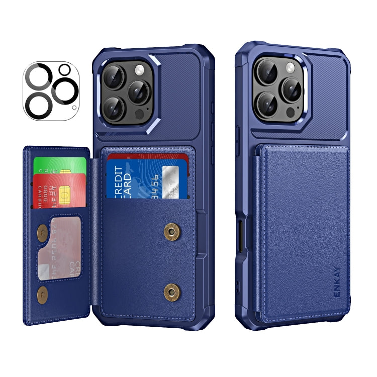 For iPhone 16 Pro ENKAY Hat-Prince Card Slot Wallet TPU Back Leather Phone Case with Lens Film(Dark Blue) - iPhone 16 Pro Max Cases by ENKAY | Online Shopping UK | buy2fix