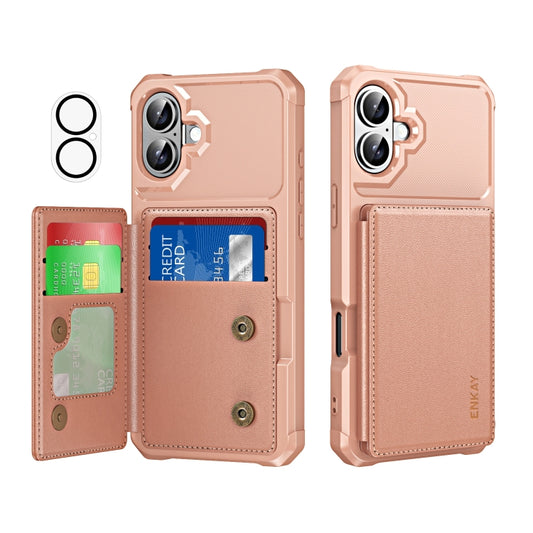 For iPhone 16 Plus ENKAY Hat-Prince Card Slot Wallet TPU Back Leather Phone Case with Lens Film(Rose Gold) - iPhone 16 Plus Cases by ENKAY | Online Shopping UK | buy2fix