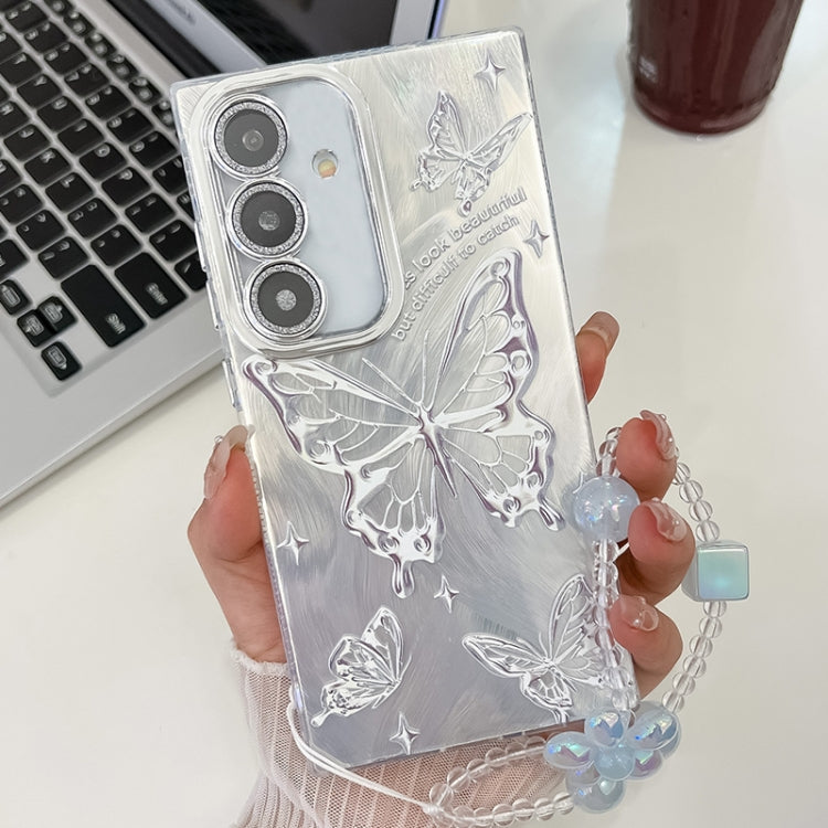 For Samsung Galaxy S25 5G Plating Texture Butterfly Wristband TPU Phone Case with Glitter Lens Film(Silver Butterflies HU6) - Galaxy S25 5G Cases by buy2fix | Online Shopping UK | buy2fix