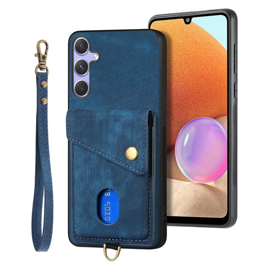 For Samsung Galaxy S25 5G Retro Card Wallet Fold Leather Phone Case with Strap(Blue) - Galaxy S25 5G Cases by buy2fix | Online Shopping UK | buy2fix