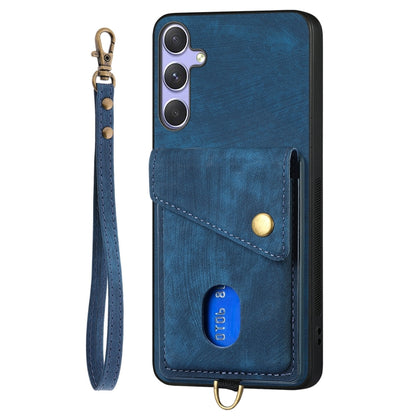 For Samsung Galaxy S25 5G Retro Card Wallet Fold Leather Phone Case with Strap(Blue) - Galaxy S25 5G Cases by buy2fix | Online Shopping UK | buy2fix