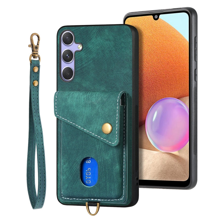 For Samsung Galaxy S25+ 5G Retro Card Wallet Fold Leather Phone Case with Strap(Green) - Galaxy S25+ 5G Cases by buy2fix | Online Shopping UK | buy2fix