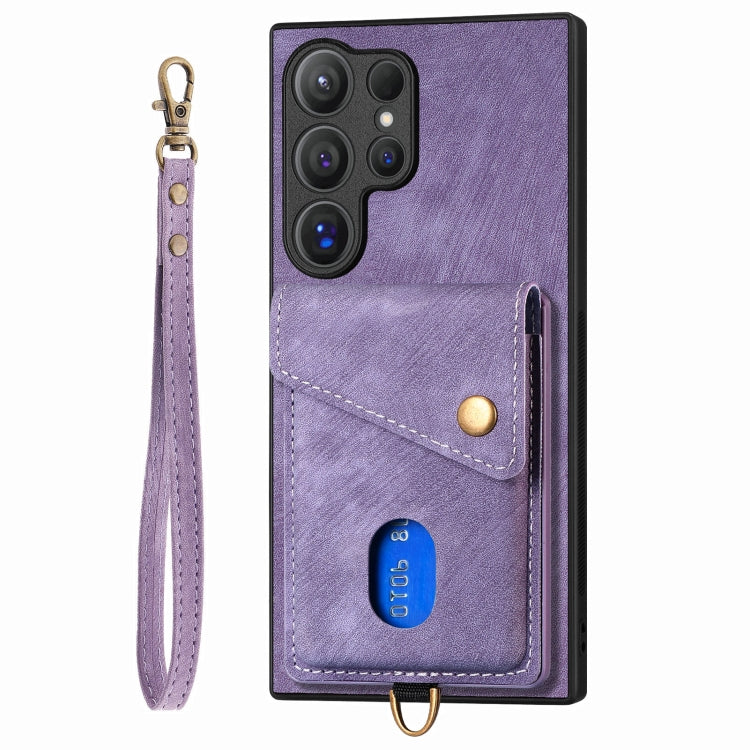 For Samsung Galaxy S25 Ultra 5G Retro Card Wallet Fold Leather Phone Case with Strap(Purple) - Galaxy S25 Ultra 5G Cases by buy2fix | Online Shopping UK | buy2fix