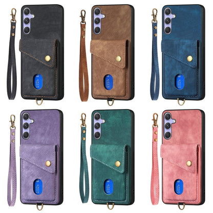 For Samsung Galaxy S25 5G Retro Card Wallet Fold Leather Phone Case with Strap(Blue) - Galaxy S25 5G Cases by buy2fix | Online Shopping UK | buy2fix