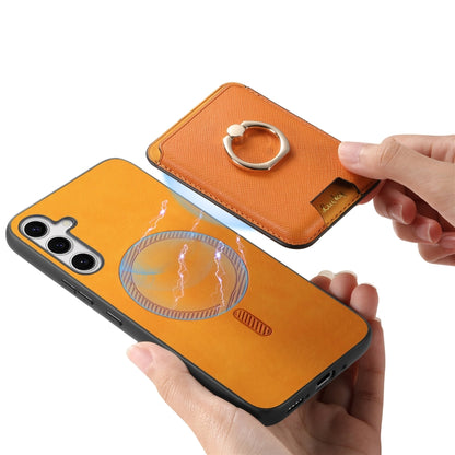 For Samsung Galaxy S25+ 5G Retro Cross Leather Ring Vertical Insert Card Bag MagSafe Phone Case(Yellow) - Galaxy S25+ 5G Cases by buy2fix | Online Shopping UK | buy2fix