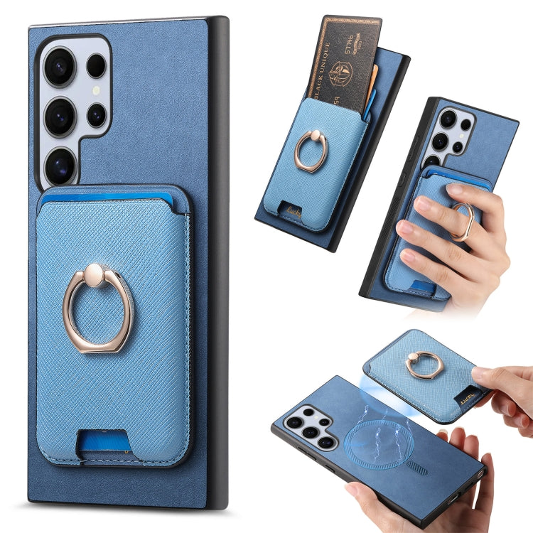 For Samsung Galaxy S25 Ultra 5G Retro Cross Leather Ring Vertical Insert Card Bag MagSafe Phone Case(Blue) - Galaxy S25 Ultra 5G Cases by buy2fix | Online Shopping UK | buy2fix