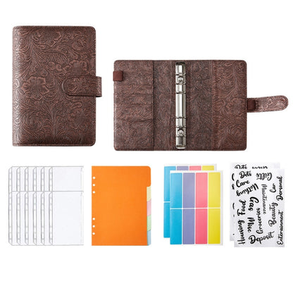 A6 YMX-007 PU Leather Budget Binder Notebook Embossed Model Handbook(Coffee Brown) - Notebooks by buy2fix | Online Shopping UK | buy2fix