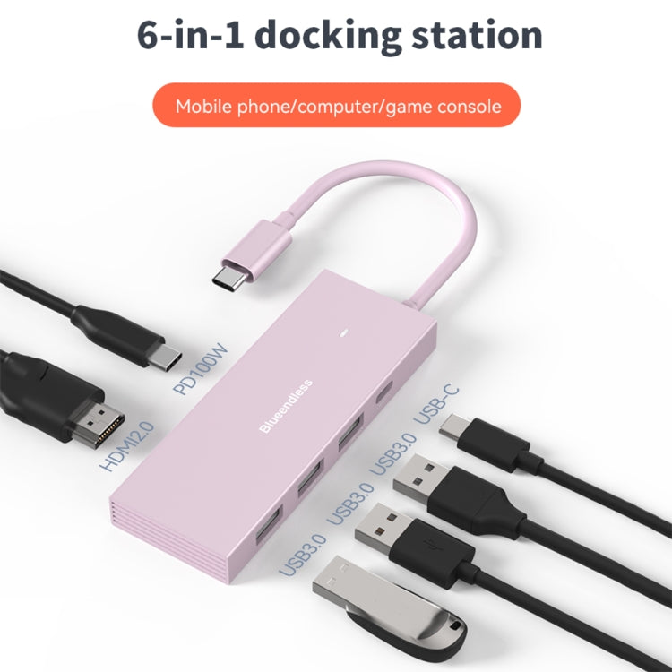 Blueendless 4K60Hz + Data Port Type-C Docking Station USB3.0 Splitter, Spec: 6-in-1 Pink - USB HUB by Blueendless | Online Shopping UK | buy2fix