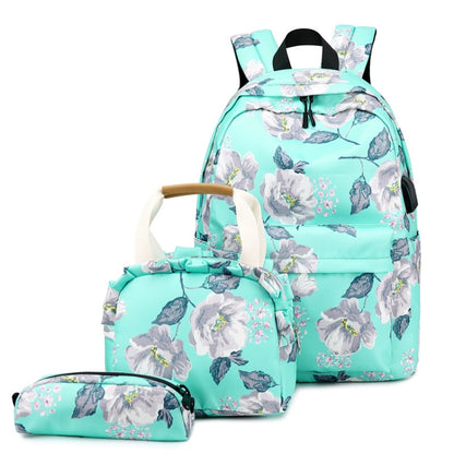 1909-1 3 PCS/Set Printed Backpack Small Fresh Student School Bag Computer Bag Lunch Backpack(Green) - Double-shoulder Bags by buy2fix | Online Shopping UK | buy2fix