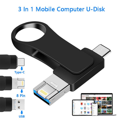 64GB USB 3.0 + 8 Pin + USB-C / Type-C 3 in 1 Mobile Computer Metal U-Disk(Black) - U Disk & Card Reader by buy2fix | Online Shopping UK | buy2fix