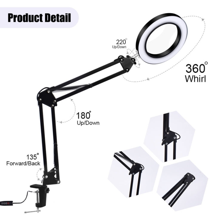 5X Magnifying Glass LED Folding Long Arm Clip Light Eye-protection USB Reading Lamp, Size: Large(Black) - Desk Lamps by buy2fix | Online Shopping UK | buy2fix