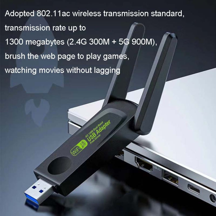 1300Mbps Wireless Network Card Gigabit Dual Band 5G Driverless Computer USB Network Card, Scope: 600m - USB Network Adapter by buy2fix | Online Shopping UK | buy2fix