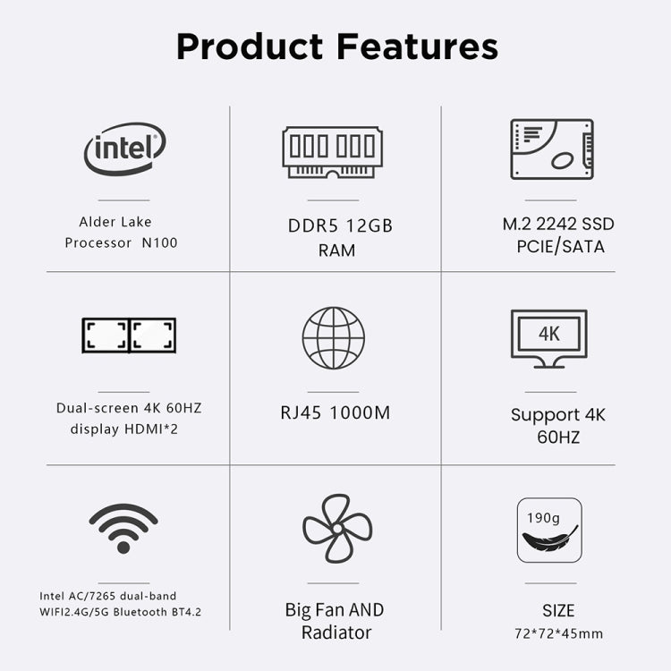 N100/DDR5 12th AlderLake-N100 Dual 4K60Hz Office And Home Mini PC, Spec: 12G+128G /US Plug - Windows Mini PCs by buy2fix | Online Shopping UK | buy2fix