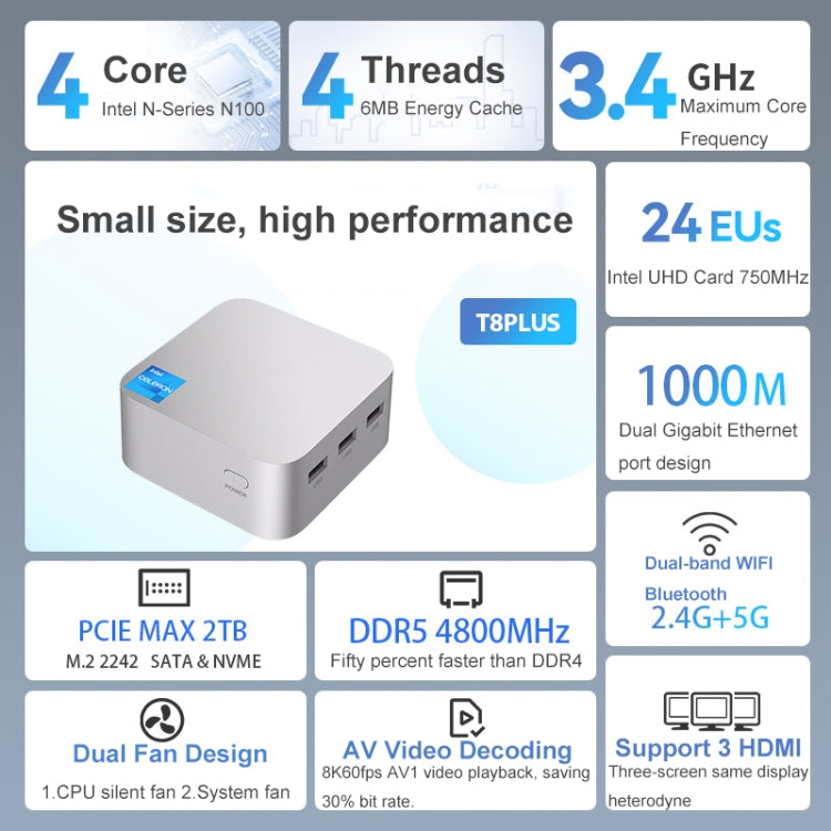 T8Plus Alder Lake-N100 4K Dual Band WIFI Bluetooth Office Game Portable Mini PC, Spec: 8G 256G US Plug - Windows Mini PCs by buy2fix | Online Shopping UK | buy2fix