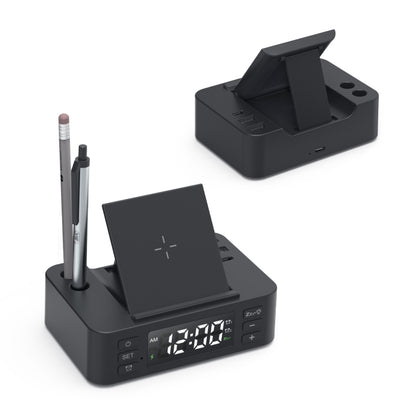 Wireless Charger Alarm Clock Foldable Mobile Stand With Pen Holder & Dual USB +1 Type-C Output(Black) - Multifunction Charger by buy2fix | Online Shopping UK | buy2fix