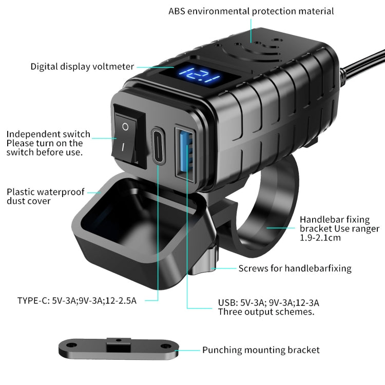 PD3.0 Motorcycle USB Mobile Phone Charger Digital Voltage Meter with Switch(Red Screen) - Battery Charger by buy2fix | Online Shopping UK | buy2fix