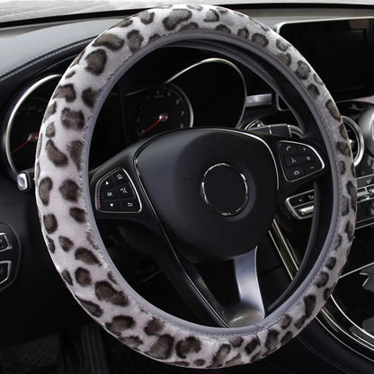 High-Density Plush Leopard Print Steering Wheel Cover Without Inner Ring(Gray) - Steering Wheel Accessories by buy2fix | Online Shopping UK | buy2fix