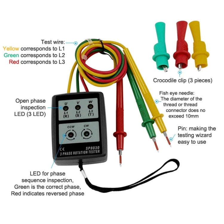 SP8030 3 Phase Alternating Current Phase Meter Phase Detector Rotation Tester Indicator Digital Phase-Order Indicator - Digital Multimeter by buy2fix | Online Shopping UK | buy2fix