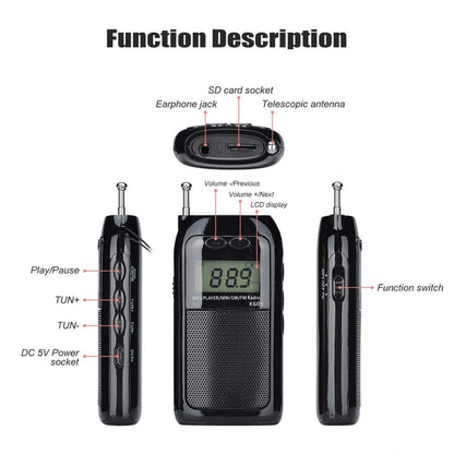 K-605 Portable FM / AM / SW Full Band Stereo Radio, Support TF Card (Black) - Radio Player by buy2fix | Online Shopping UK | buy2fix