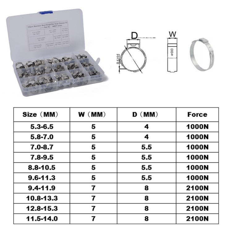 100 PCS Adjustable Single Ear Plus Stainless Steel Hydraulic Hose Clamps O-Clips Pipe Fuel Air, Inside Diameter Range: 5.3-15.3mm - In Car by buy2fix | Online Shopping UK | buy2fix